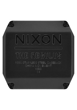 Nixon Regulus All Black digital watch with high-contrast LCD display and black TPU strap.