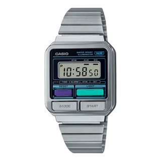 Casio Vintage A120WE-1AVT silver watch with colorful buttons, stopwatch, alarm, and LED backlight.