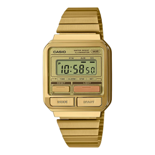 Casio Vintage A120WEG-9AVT gold watch with multi-color buttons, stopwatch, alarm, and LED backlight.