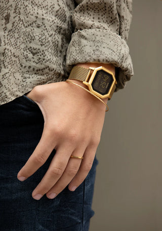 Nixon Siren Milanese Watch in All Gold — 36mm stainless steel case with custom Milanese bracelet, 10 ATM water resistance, tide functions, and EL backlight