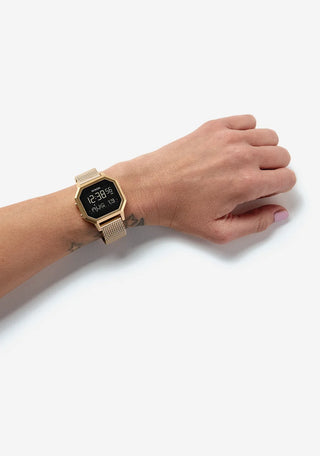 Nixon Siren Milanese Watch in All Gold — 36mm stainless steel case with custom Milanese bracelet, 10 ATM water resistance, tide functions, and EL backlight