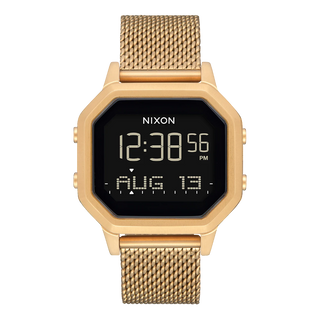 Nixon Siren Milanese Watch in All Gold — 36mm stainless steel case with custom Milanese bracelet, 10 ATM water resistance, tide functions, and EL backlight