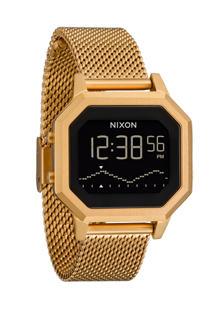 Nixon Siren Milanese Watch in All Gold — 36mm stainless steel case with custom Milanese bracelet, 10 ATM water resistance, tide functions, and EL backlight