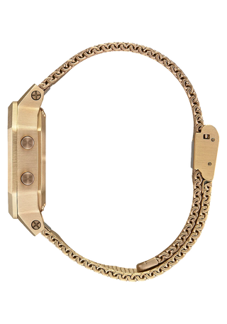Nixon Siren Milanese Watch in All Gold — 36mm stainless steel case with custom Milanese bracelet, 10 ATM water resistance, tide functions, and EL backlight