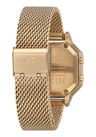 Nixon Siren Milanese Watch in All Gold — 36mm stainless steel case with custom Milanese bracelet, 10 ATM water resistance, tide functions, and EL backlight
