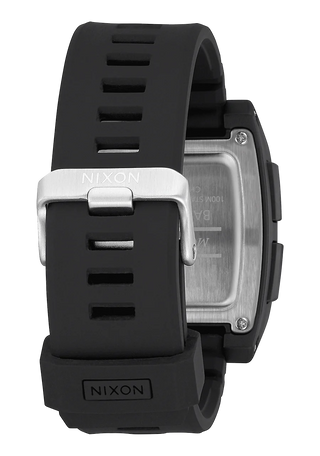 A black Base Tide Pro watch from Nixon, ideal for surfers, displaying tide information and made from recycled ocean plastics.