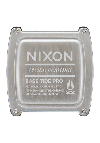A black Base Tide Pro watch from Nixon, ideal for surfers, displaying tide information and made from recycled ocean plastics.