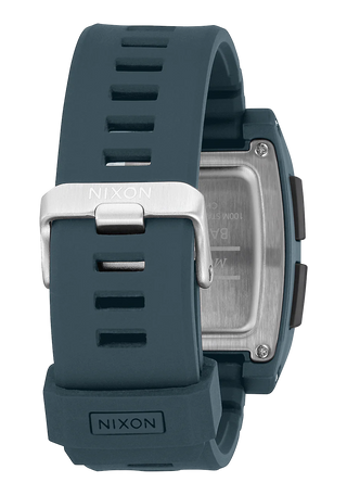 Nixon Base Tide Pro Watch in Dark Slate, ideal for surfers, displaying tide information and made from recycled ocean plastics.