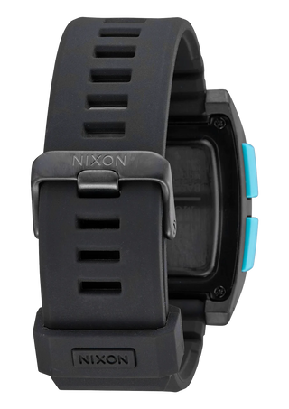 Nixon Base Tide Pro Watch in All Black/Blue, made with recycled ocean plastics, pre-programmed tide info, and water-resistant.