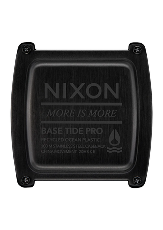 Nixon black and blue Base Tide Pro watch, ideal for surfers, displaying tide information and made from recycled ocean plastics.