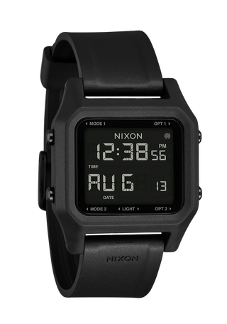 Nixon Staple All Black digital watch with recycled plastic case, high-contrast LCD, and black rubber-blend strap.