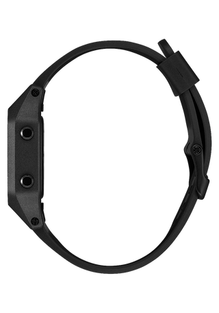 Nixon Staple All Black digital watch with recycled plastic case, high-contrast LCD, and black rubber-blend strap.