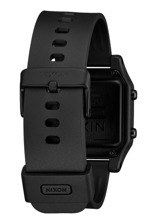 Nixon Staple All Black digital watch with recycled plastic case, high-contrast LCD, and black rubber-blend strap.