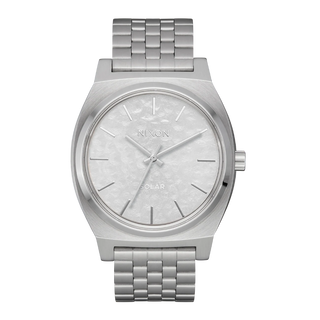 Nixon Time Teller Solar Watch in Silver/Snow — 40.5mm stainless steel case with solar-powered Miyota movement, hardened mineral crystal, quick-release 5-link bracelet, and 10 ATM water resistance