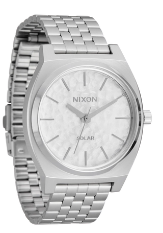Nixon Time Teller Solar Watch in Silver/Snow — 40.5mm stainless steel case with solar-powered Miyota movement, hardened mineral crystal, quick-release 5-link bracelet, and 10 ATM water resistance