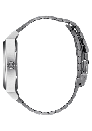 Nixon Time Teller Solar Watch in Silver/Snow — 40.5mm stainless steel case with solar-powered Miyota movement, hardened mineral crystal, quick-release 5-link bracelet, and 10 ATM water resistance