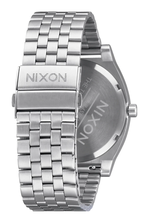 Nixon Time Teller Solar Watch in Silver/Snow — 40.5mm stainless steel case with solar-powered Miyota movement, hardened mineral crystal, quick-release 5-link bracelet, and 10 ATM water resistance