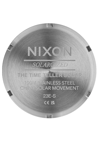 Nixon Time Teller Solar Watch in Silver/Snow — 40.5mm stainless steel case with solar-powered Miyota movement, hardened mineral crystal, quick-release 5-link bracelet, and 10 ATM water resistance