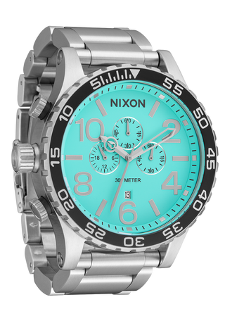 Nixon 51-30 Chrono Watch in Silver-Turquoise with oversized face and stainless steel bracelet.
