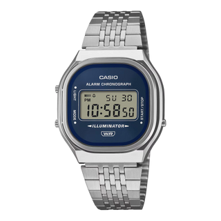 Casio Vintage A140WE-2A — retro-inspired digital watch with sunray dial, chrome-plated resin case, multi-row stainless steel bracelet, and EL blue backlight
