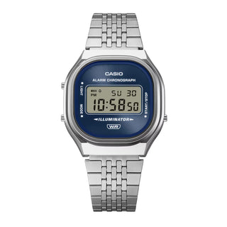Casio Vintage A140WE-2A — retro-inspired digital watch with sunray dial, chrome-plated resin case, multi-row stainless steel bracelet, and EL blue backlight