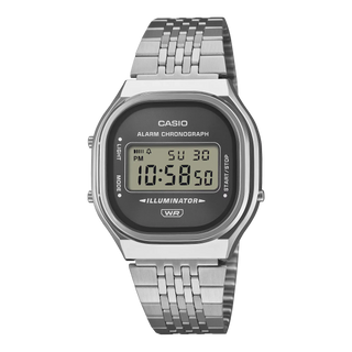 Casio Vintage A140WE-8A — retro-inspired digital watch with sunray dial, chrome-plated resin case, multi-row stainless steel bracelet, and EL blue backlight