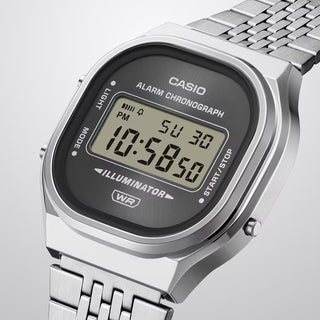 Casio Vintage A140WE-8A — retro-inspired digital watch with sunray dial, chrome-plated resin case, multi-row stainless steel bracelet, and EL blue backlight