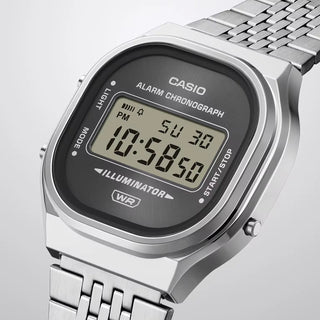 Casio Vintage A140WE-2A — retro-inspired digital watch with sunray dial, chrome-plated resin case, multi-row stainless steel bracelet, and EL blue backlight