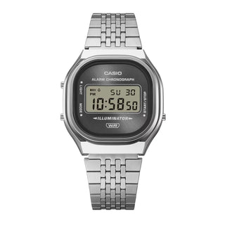 Casio Vintage A140WE-8A — retro-inspired digital watch with sunray dial, chrome-plated resin case, multi-row stainless steel bracelet, and EL blue backlight