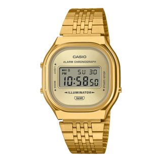 Casio Vintage A140WEG-9A — retro-inspired digital watch with sunray dial, chrome-plated resin case, multi-row stainless steel bracelet, and EL blue backlight