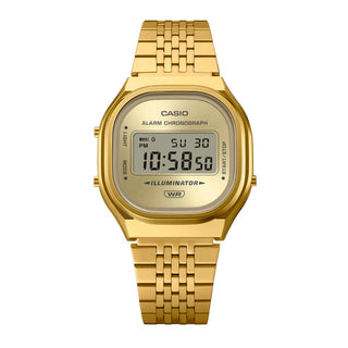 Casio Vintage A140WEG-9A — retro-inspired digital watch with sunray dial, chrome-plated resin case, multi-row stainless steel bracelet, and EL blue backlight