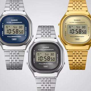 Casio Vintage A140WE-2A — retro-inspired digital watch with sunray dial, chrome-plated resin case, multi-row stainless steel bracelet, and EL blue backlight
