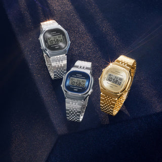 Casio Vintage A140WE-8A — retro-inspired digital watch with sunray dial, chrome-plated resin case, multi-row stainless steel bracelet, and EL blue backlight