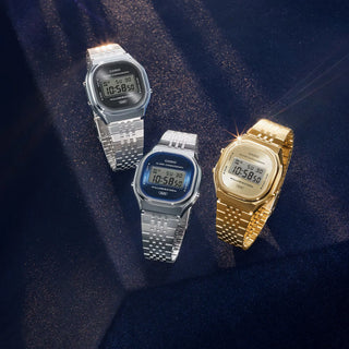 Casio Vintage A140WEG-9A — retro-inspired digital watch with sunray dial, chrome-plated resin case, multi-row stainless steel bracelet, and EL blue backlight