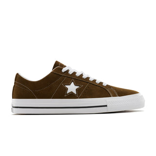 Converse CONS One Star Pro OX in surplus olive and white with suede upper, CX foam cushioning, and classic star logo.