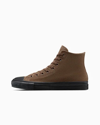 Brown high-top sneaker with black sole on a white background
