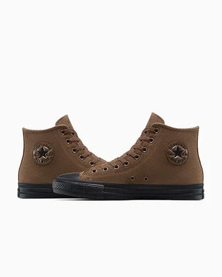 Brown high-top sneakers with black soles on a white background