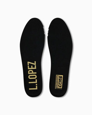 Black insole with 'L. LOPEZ' and Converse logos on a white background