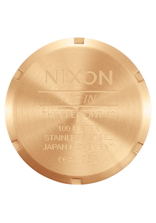 Nixon Fremont 40 Gold/Black analog watch with gold stainless steel bracelet and black dial.