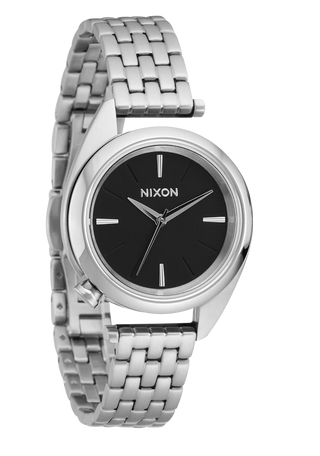 Nixon Eddy All Silver/Black analog watch with stainless steel bracelet and black dial.