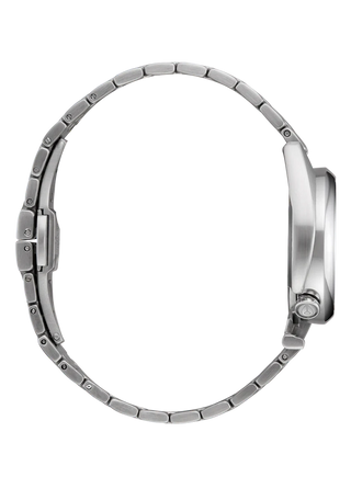 Nixon Eddy All Silver/Black analog watch with stainless steel bracelet and black dial.