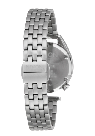 Nixon Eddy All Silver/Black analog watch with stainless steel bracelet and black dial.