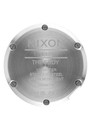 Nixon Eddy All Silver/Black analog watch with stainless steel bracelet and black dial.