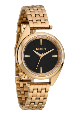Nixon Eddy All Gold/Black analog watch with gold stainless steel bracelet and black dial.