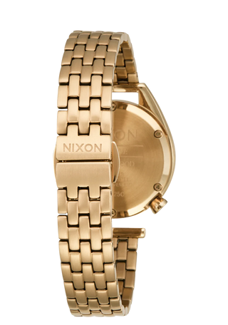 Nixon Eddy All Gold/Black analog watch with gold stainless steel bracelet and black dial.
