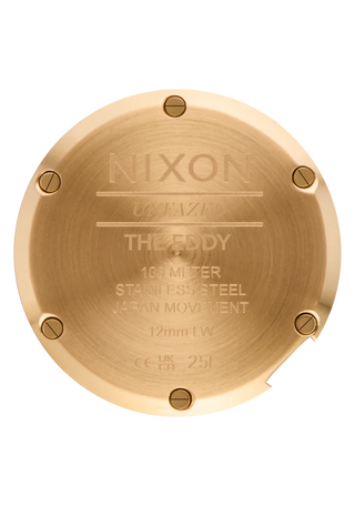 Nixon Eddy All Gold/Gold analog watch with gold-tone stainless steel bracelet and matching gold dial.