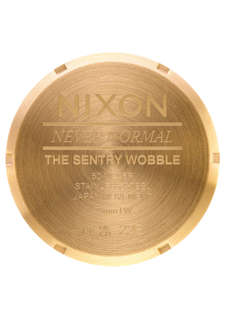 Nixon Sentry Wobble Watch in All Gold — 42mm stainless steel case with unique bent wobble design, Miyota quartz movement, hardened mineral crystal, lume hands, and quick-release bracelet