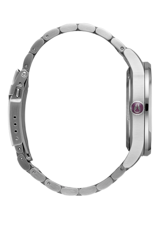 Nixon Sentry Wobble Watch in Silver/Purple Sunray — 42mm stainless steel case with unique bent wobble design, Miyota quartz movement, hardened mineral crystal, lume hands, and quick-release bracelet