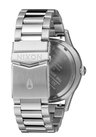 Nixon Sentry Wobble Watch in Silver/Purple Sunray — 42mm stainless steel case with unique bent wobble design, Miyota quartz movement, hardened mineral crystal, lume hands, and quick-release bracelet