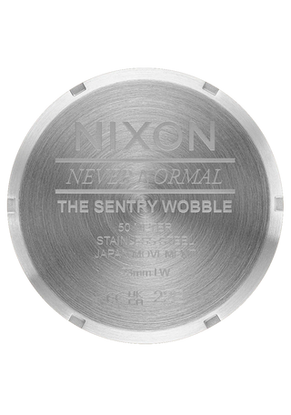 Nixon Sentry Wobble Watch in Silver/Purple Sunray — 42mm stainless steel case with unique bent wobble design, Miyota quartz movement, hardened mineral crystal, lume hands, and quick-release bracelet